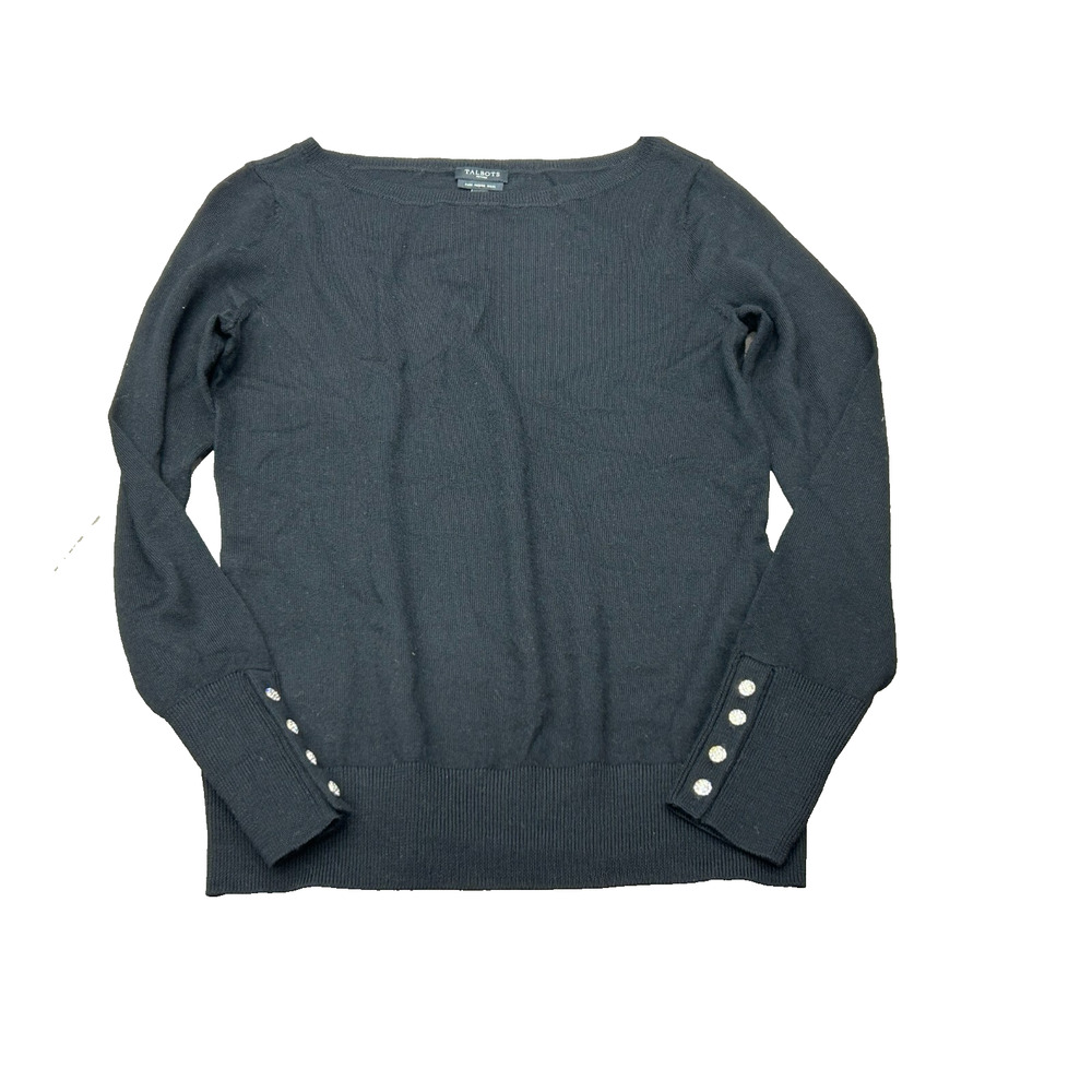 Talbots Womens Black Sparkly Buttons Pure Merino Wool Long Sleeve Sweater Size P